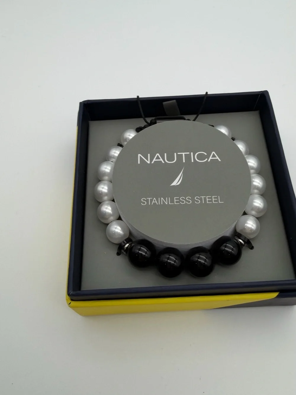Nautica Silver and Black Beaded Stainless Steel Bracelets